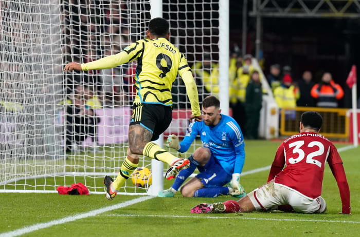 Gabriel Jesus pictured moments after shooting between the legs of goalkeeper Matt Turner to score a goal for Arsenal in a 2-1 win at Nottingham Forest in January 2024